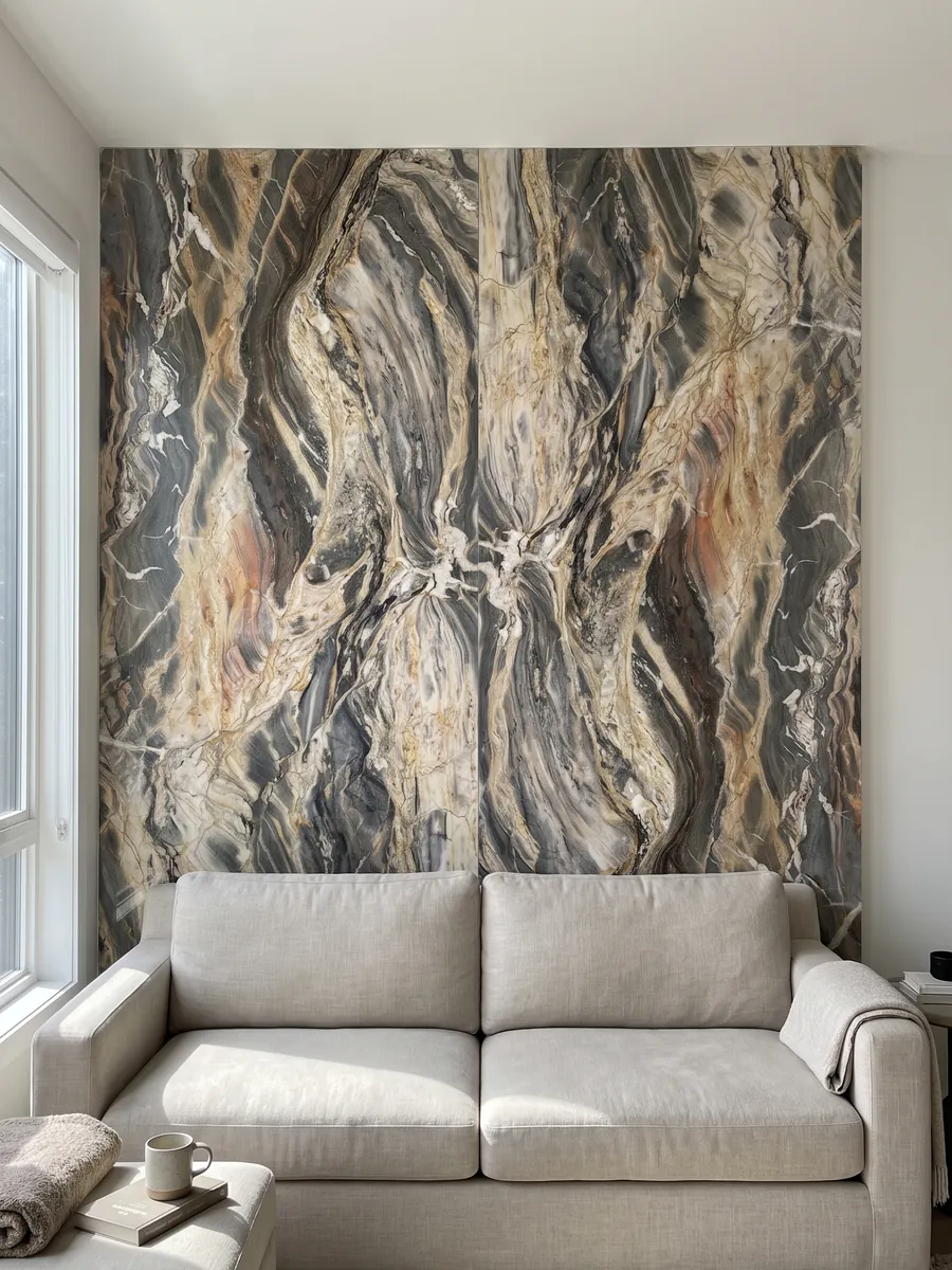 Living room wall clad with bookmatched beige Colorado quartzite slabs behind a sofa: very busy horizontal waves in cream and dark gray, with the occasional orange touch