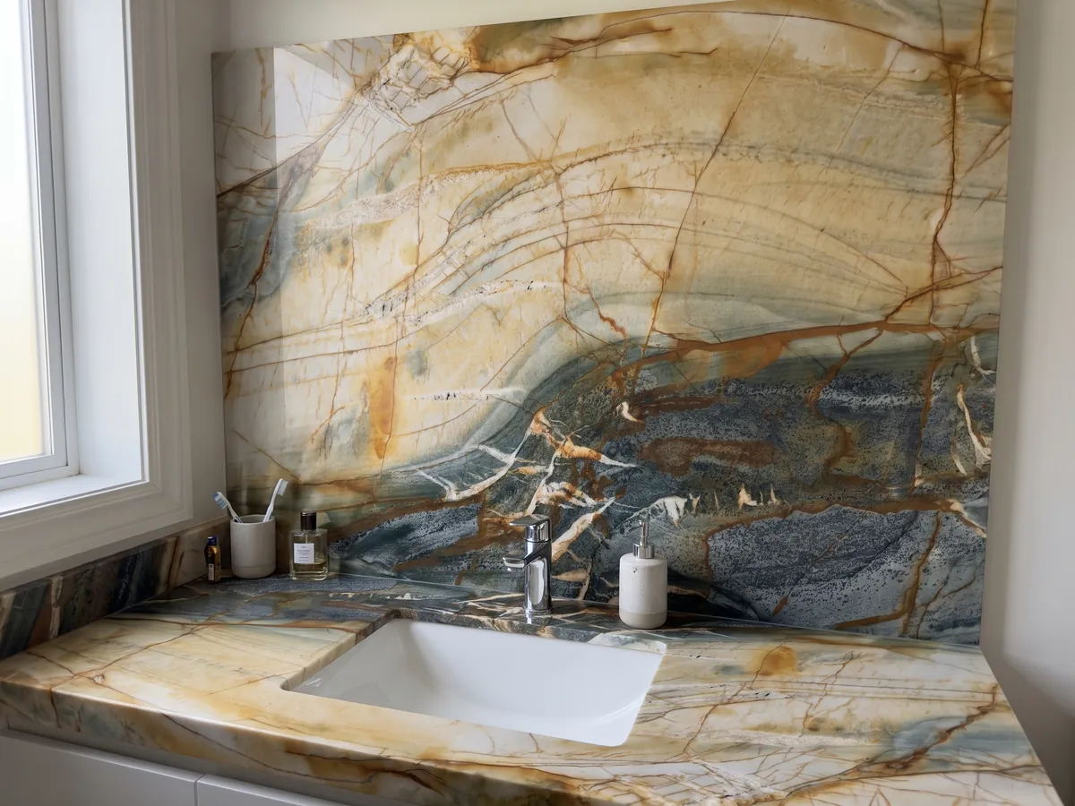 Vanity top and bathroom wall in beige Polaris Gold quartzite with a white sink and chrome fixtures: cream and ochre with a net of orange veins and a lower petrol gray zone