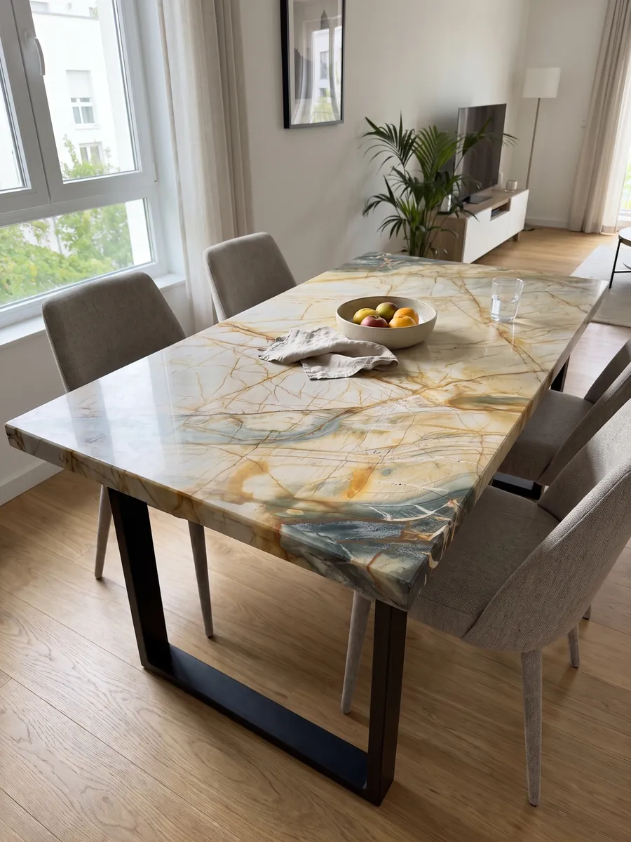 Dining table with a beige Polaris Gold quartzite top on a steel base: cream and ochre with a net of orange veins and a lower petrol gray zone