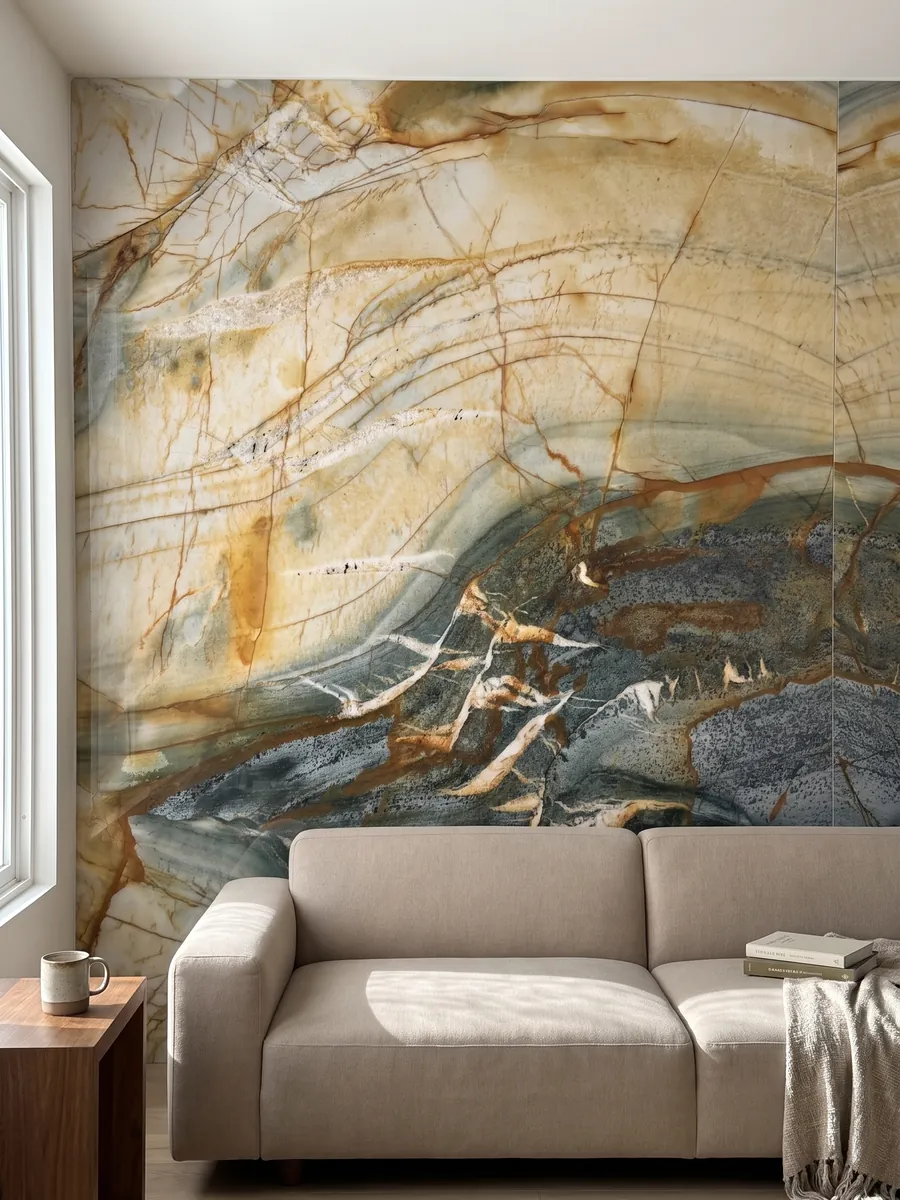 Living room wall clad in bookmatched beige Polaris Gold quartzite slabs behind a sofa: cream and ochre with a net of orange veins and a lower petrol gray zone