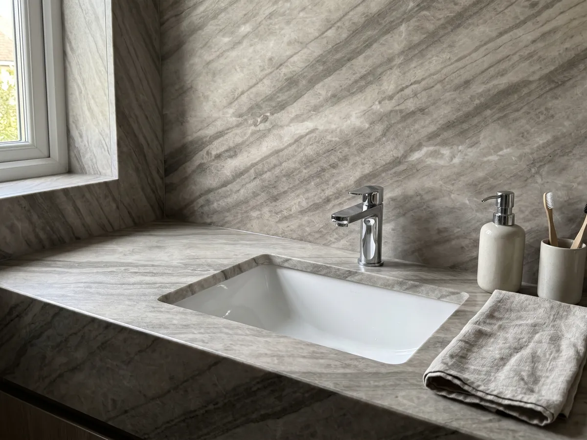Vanity top and bathroom wall in beige Sky Pearl quartzite with a white sink and chrome fixtures: greige with darker parallel bands on the diagonal