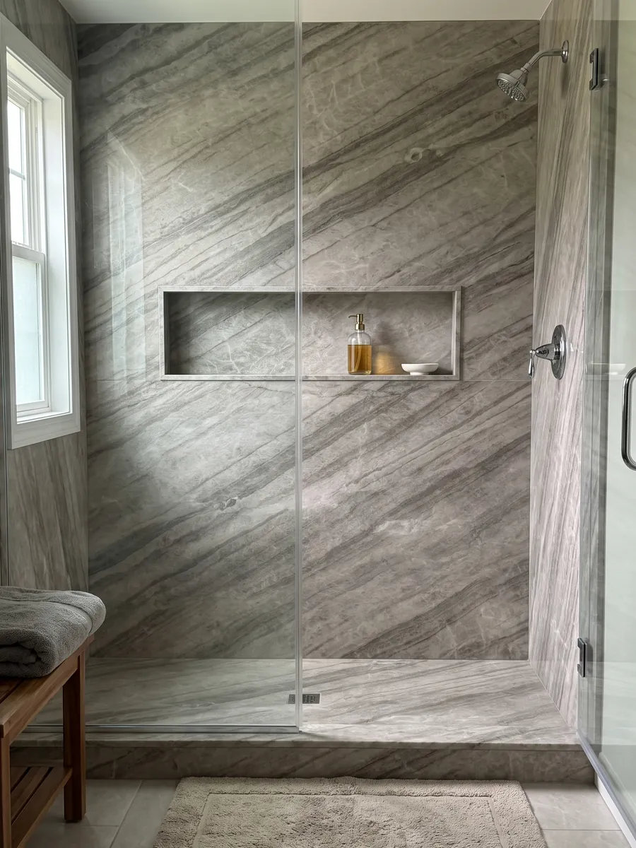 Shower clad in full beige Sky Pearl quartzite slabs with a recessed niche: greige with darker parallel bands on the diagonal