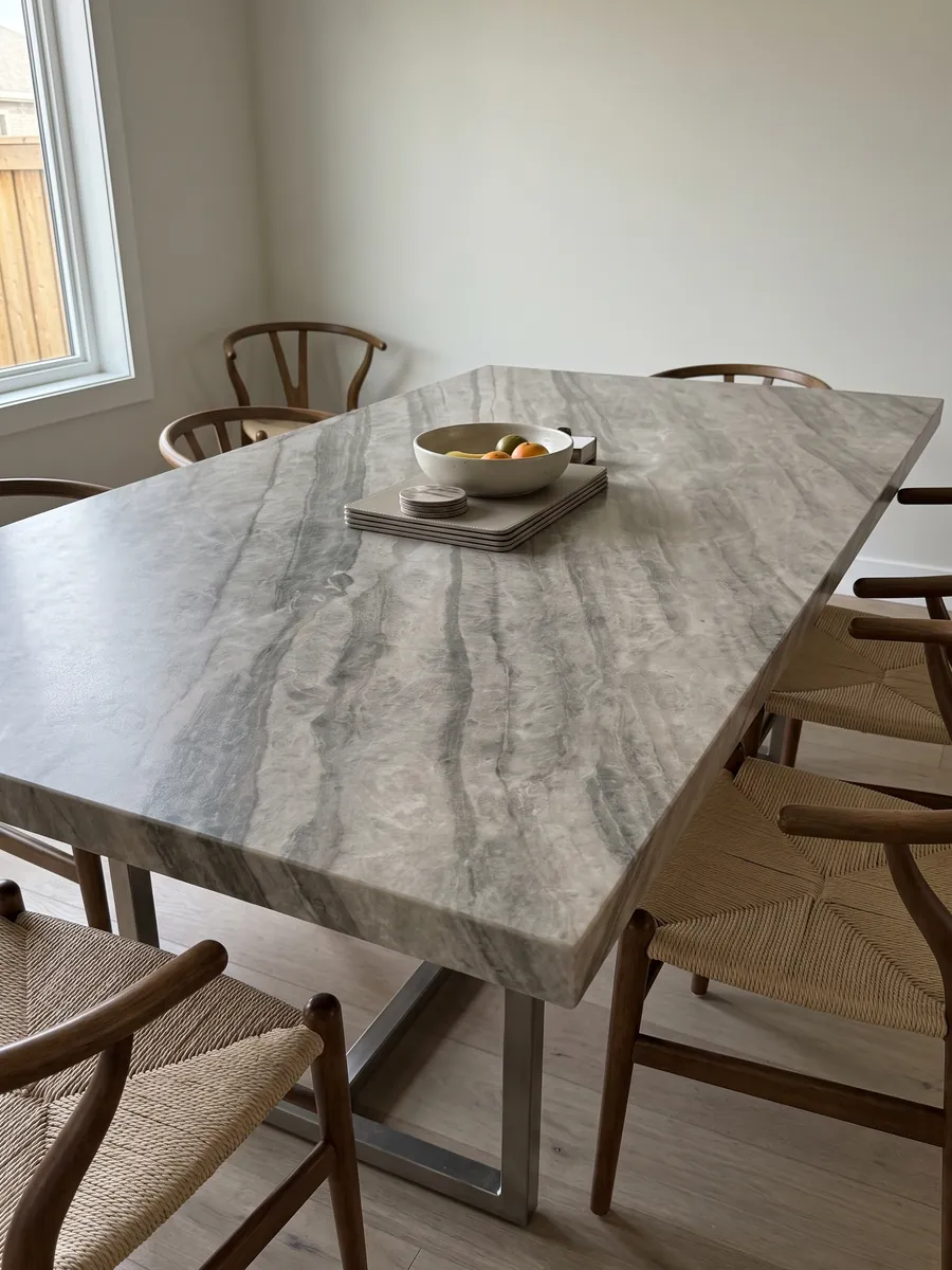 Dining table with a beige Sky Pearl quartzite top on a steel base: greige with darker parallel bands on the diagonal