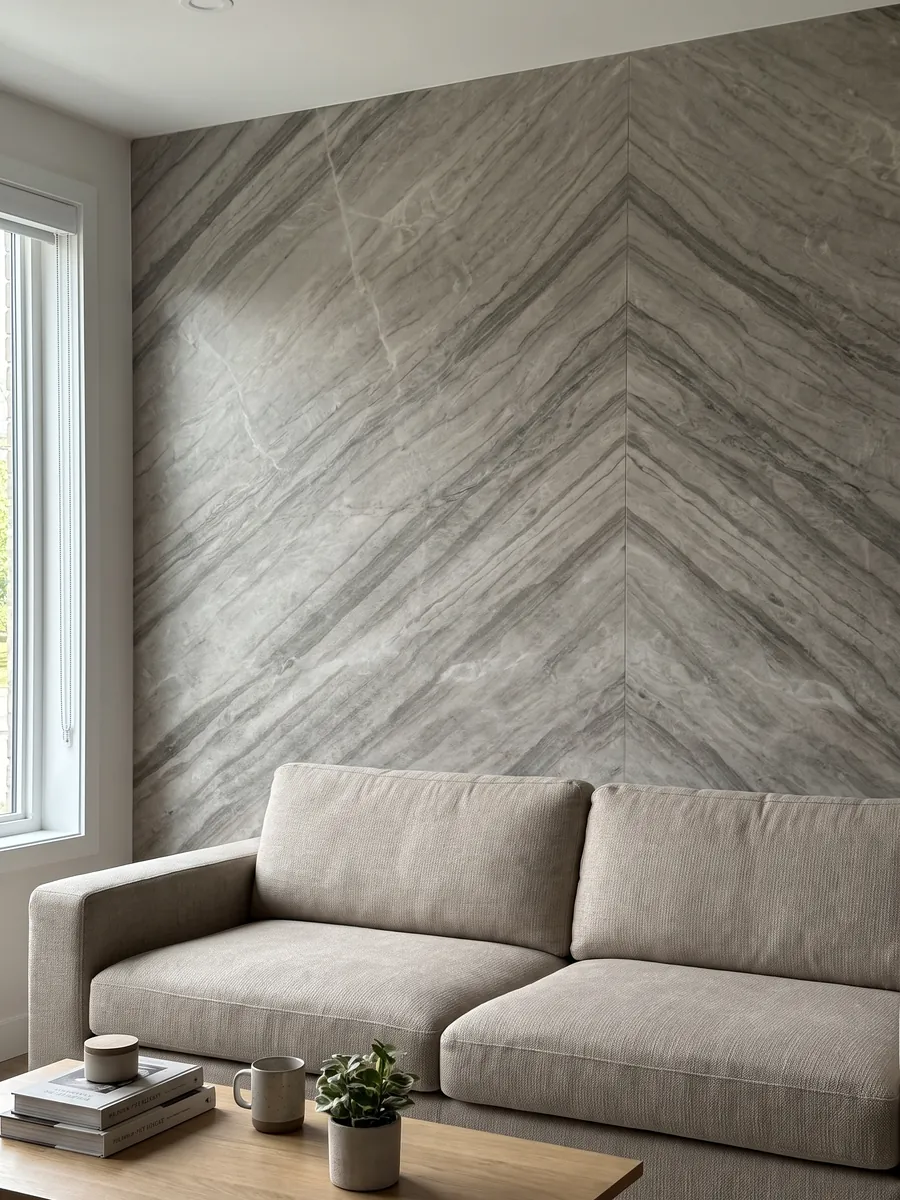 Living room wall clad in bookmatched beige Sky Pearl quartzite slabs behind a sofa: greige with darker parallel bands on the diagonal