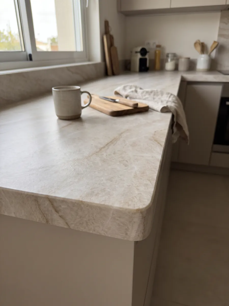 Straight edge of a kitchen countertop in beige Taj Mahal quartzite with the vein continuing over the edge: light beige with soft caramel veins in a diagonal