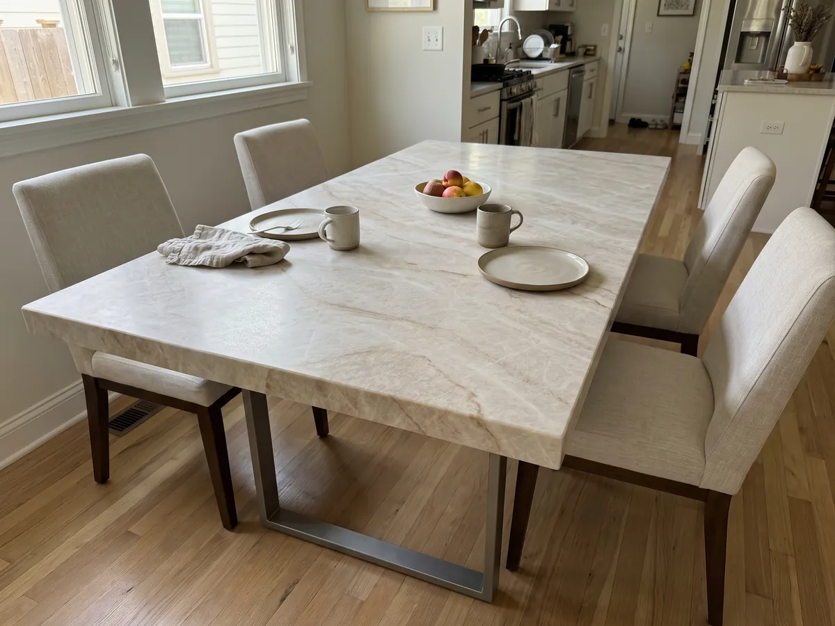 Dining table with a beige Taj Mahal quartzite top on a steel base: light beige with soft caramel veins in a diagonal