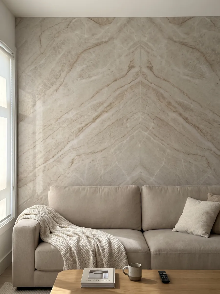 Living room wall clad in bookmatched slabs of beige Taj Mahal quartzite behind a sofa: light beige with soft caramel veins in a diagonal