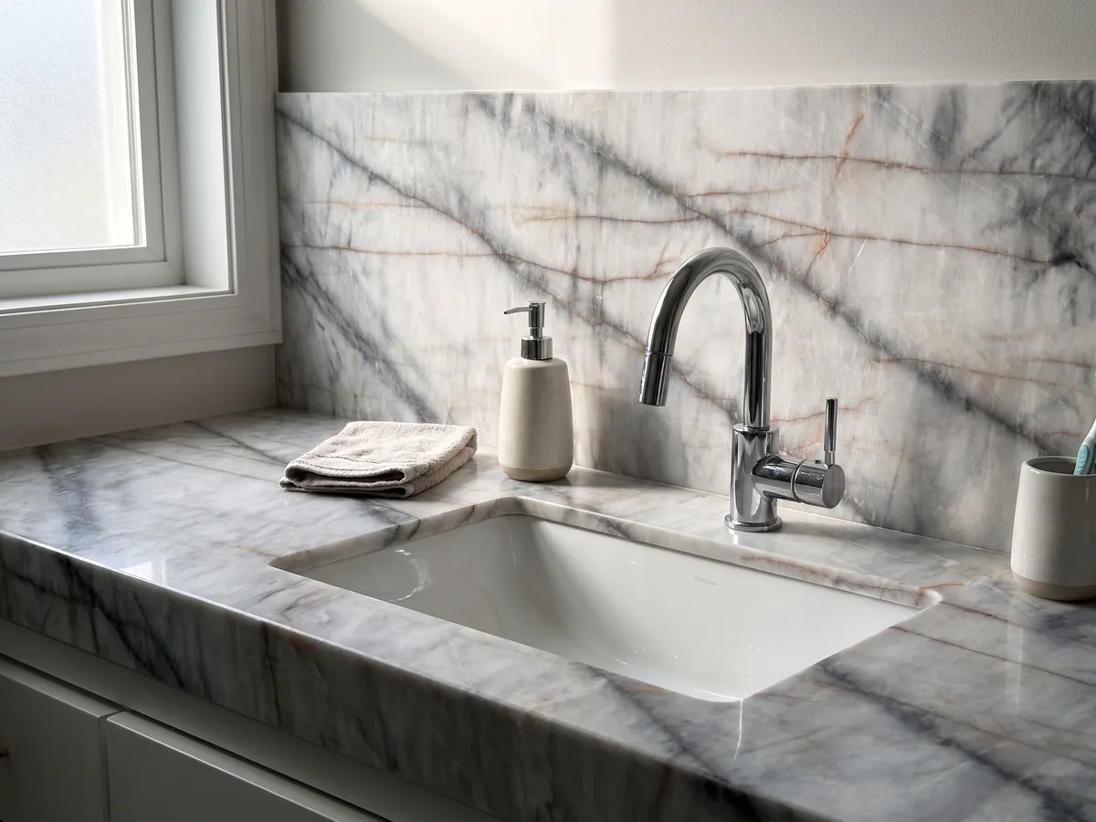 Bathroom vanity top and wall in white Cristallo Black quartzite with a white sink and chrome fixtures: white with soft dark diagonal veins and thin orange lines