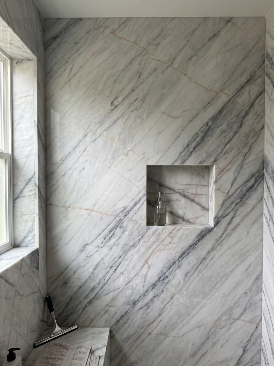 Shower clad in full white Cristallo Black quartzite slabs with a recessed niche: white with soft dark diagonal veins and thin orange lines