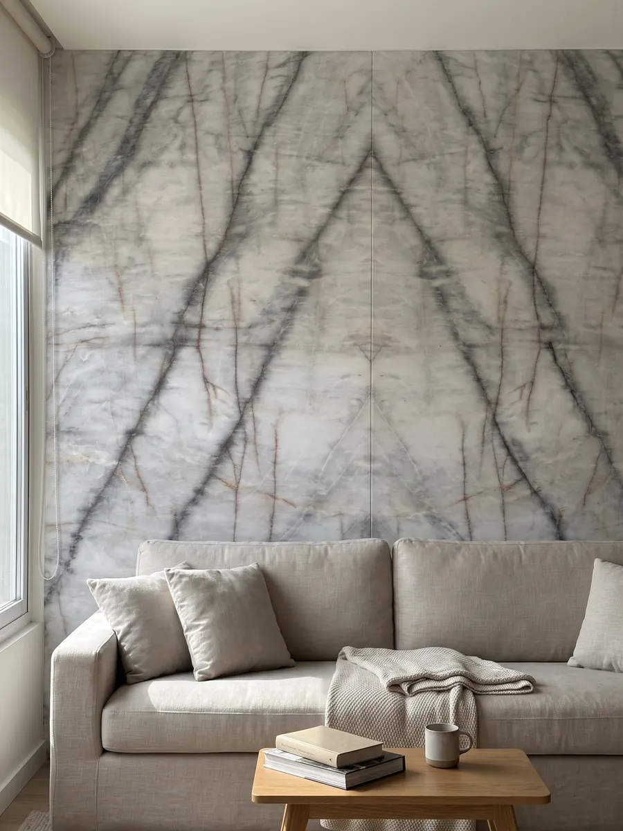 Living room wall clad with bookmatched white Cristallo Black quartzite slabs behind a sofa: white with soft dark diagonal veins and thin orange lines