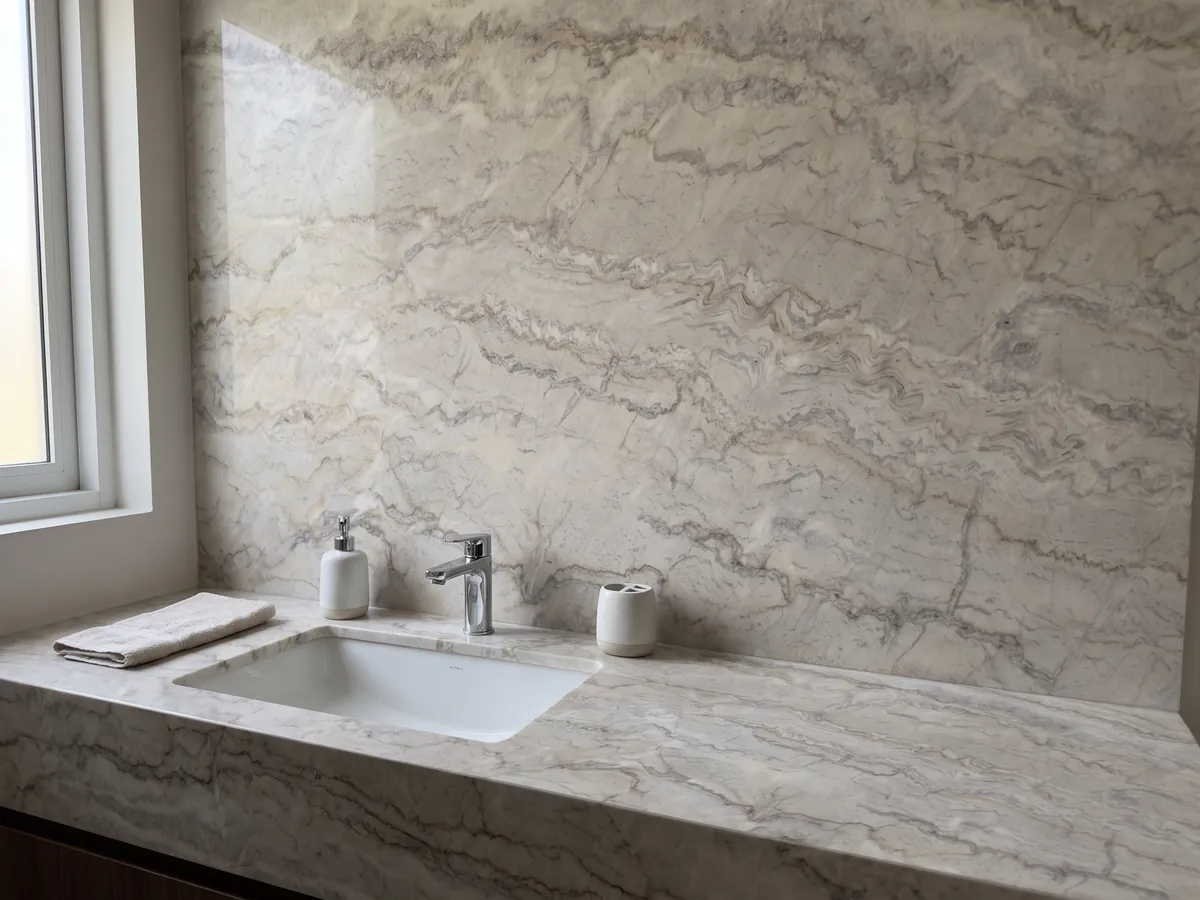 Vanity top and bathroom wall in white Dolce Vita quartzite with a white sink and chrome fixtures: creamy white with many fine veins waving horizontally