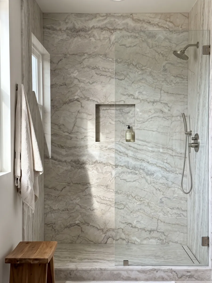 Shower clad in full slabs of white Dolce Vita quartzite with a recessed niche: creamy white with many fine veins waving horizontally