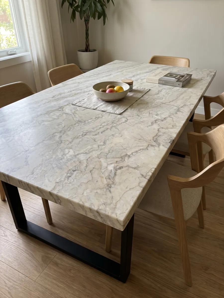 Dining table with a white Dolce Vita quartzite top on a steel base: creamy white with many fine veins waving horizontally