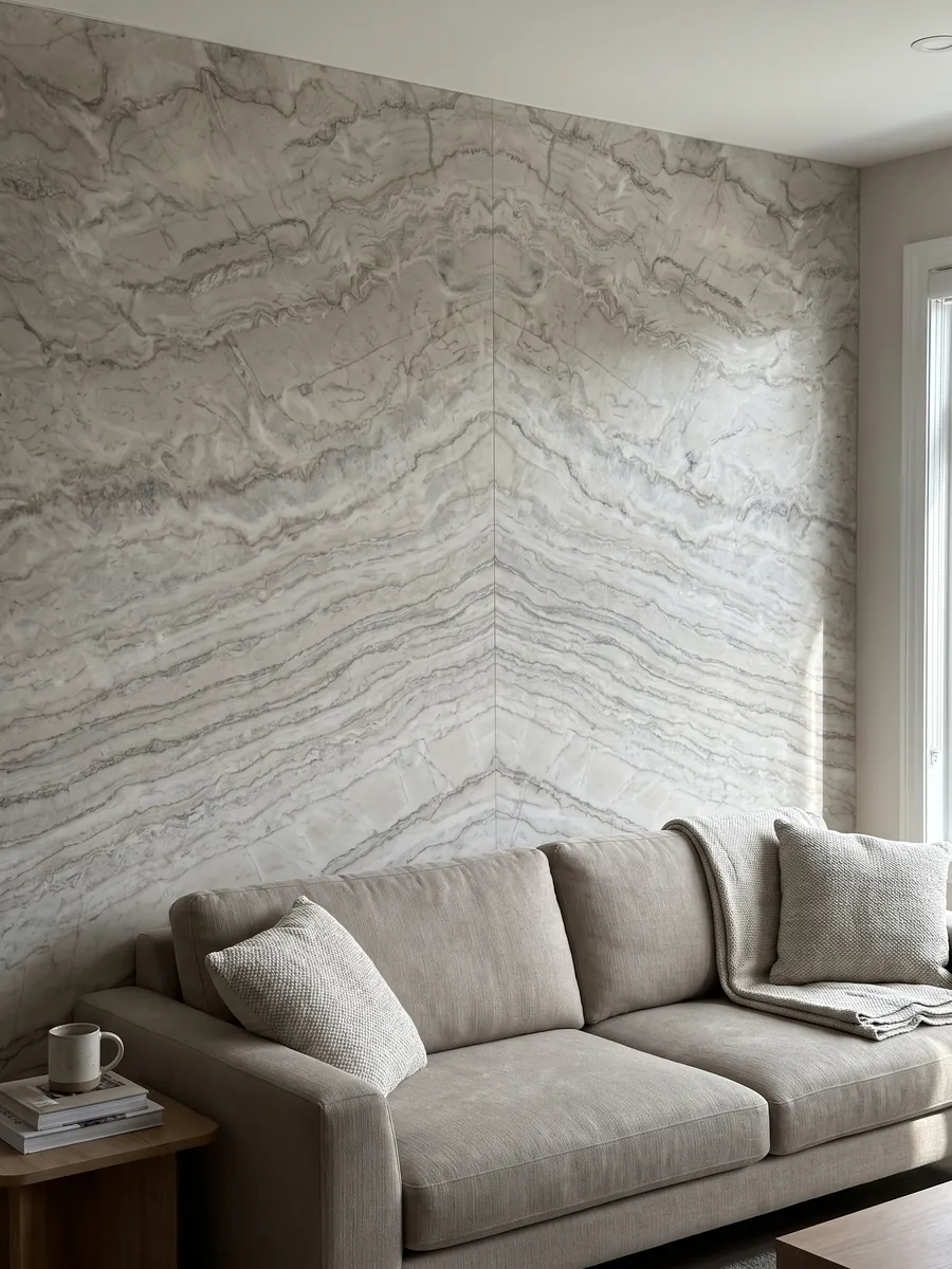 Living room wall clad with bookmatched slabs of white Dolce Vita quartzite behind a sofa: creamy white with many fine veins waving horizontally
