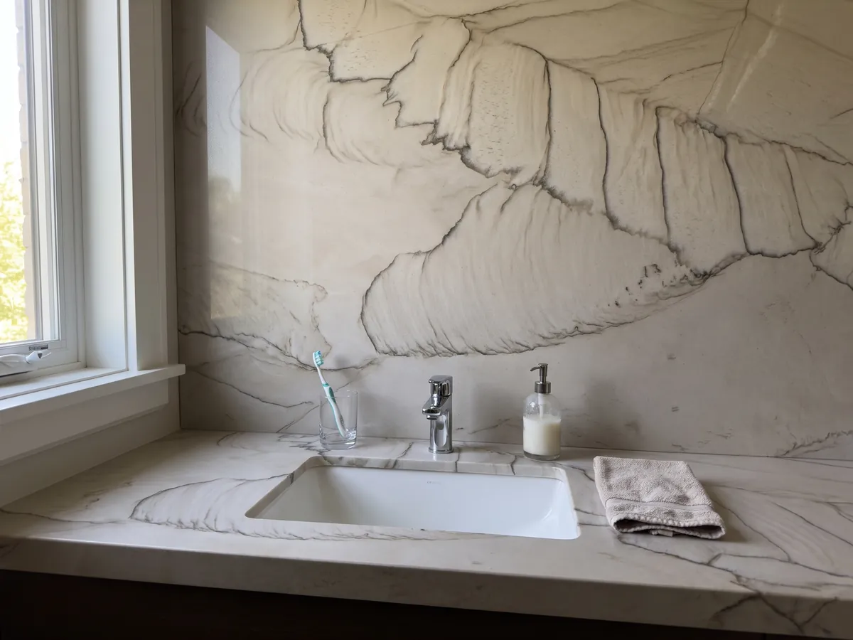Vanity top and bathroom wall in white Dune quartzite with a white sink and chrome fixtures: bone white with a fine dark line tracing one large curve