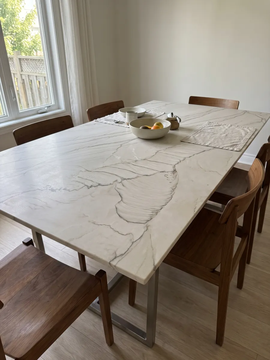 Dining table with a white Dune quartzite top on a steel base: bone white with a fine dark line tracing one large curve
