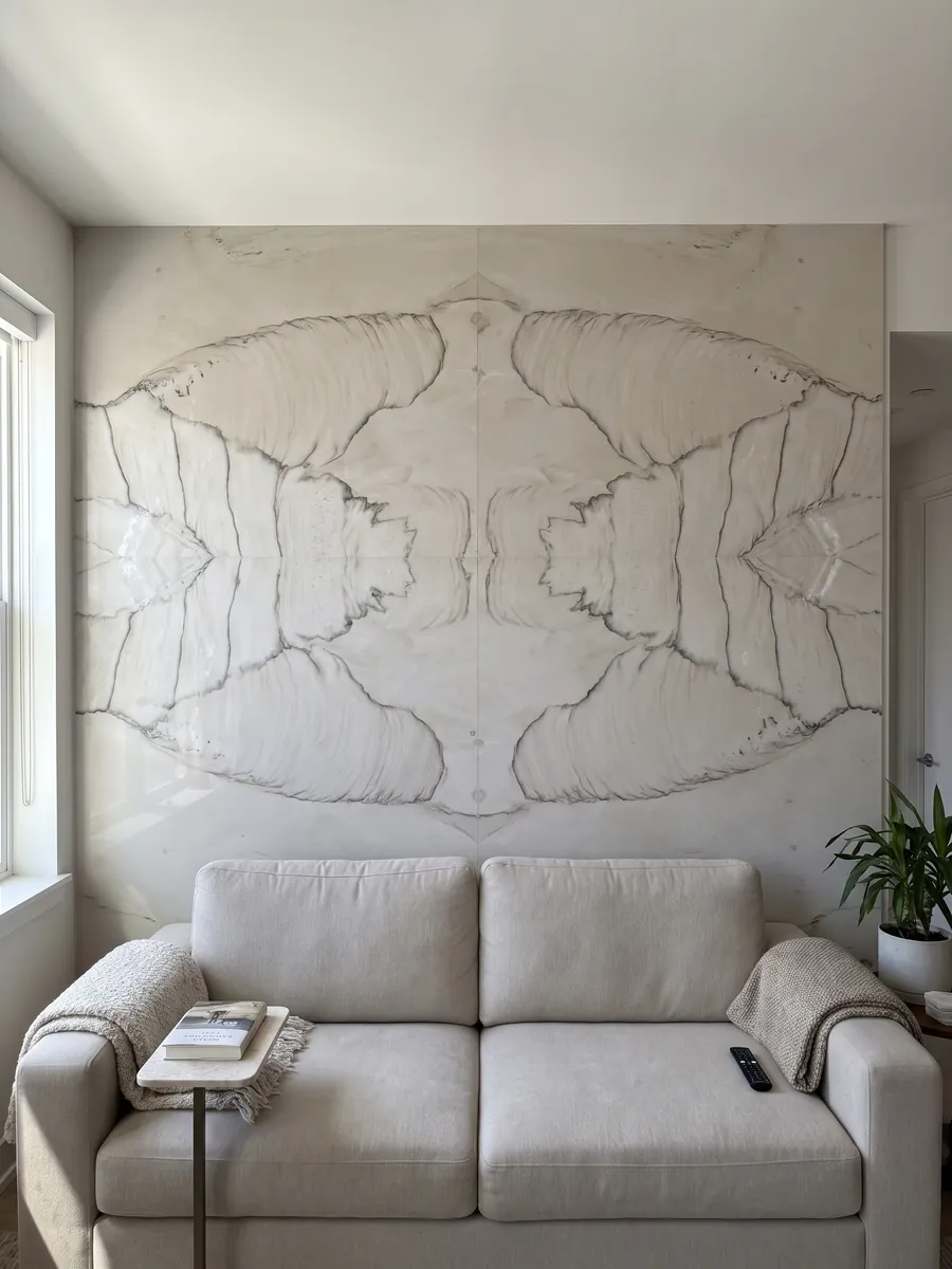 Living room wall clad with bookmatched slabs of white Dune quartzite behind a sofa: bone white with a fine dark line tracing one large curve