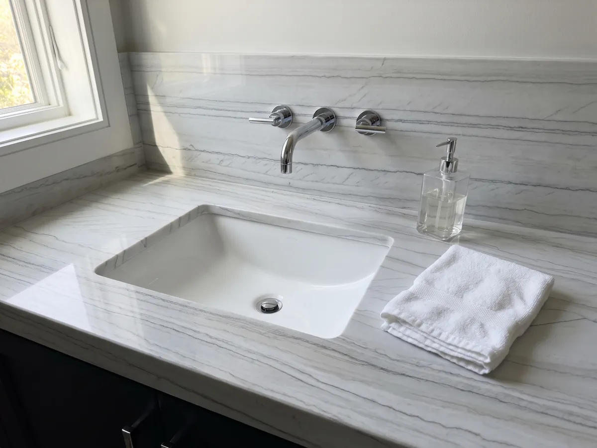 Vanity top and bathroom wall in White Macaubas quartzite with a white sink and chrome faucets: bluish white with fine parallel dark lines