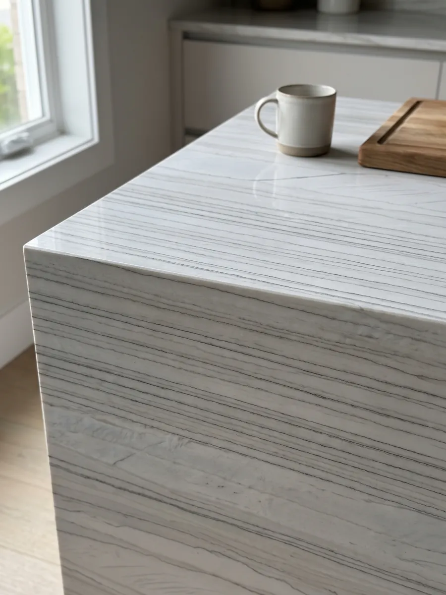 Straight edge of a white Macaubas quartzite kitchen countertop with the veining continuing over the edge: bluish white with fine parallel dark lines