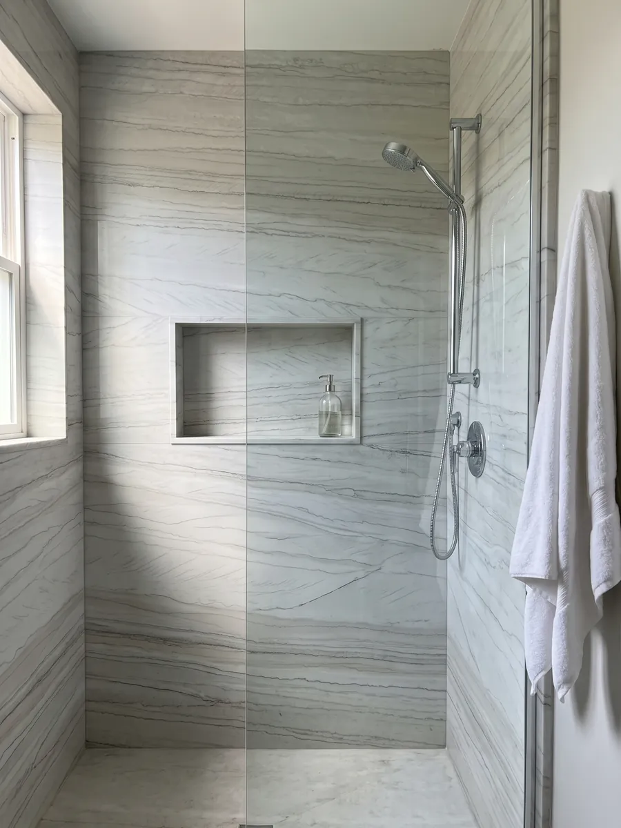 Shower clad in full slabs of white Macaubas quartzite with a recessed niche: bluish white with fine parallel dark lines