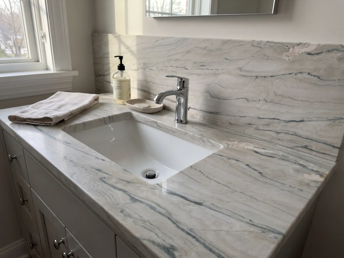 Vanity top and bathroom wall in white Macaubas Fantasy quartzite with a white sink and chrome fixtures: creamy white with fine horizontal gray-green lines