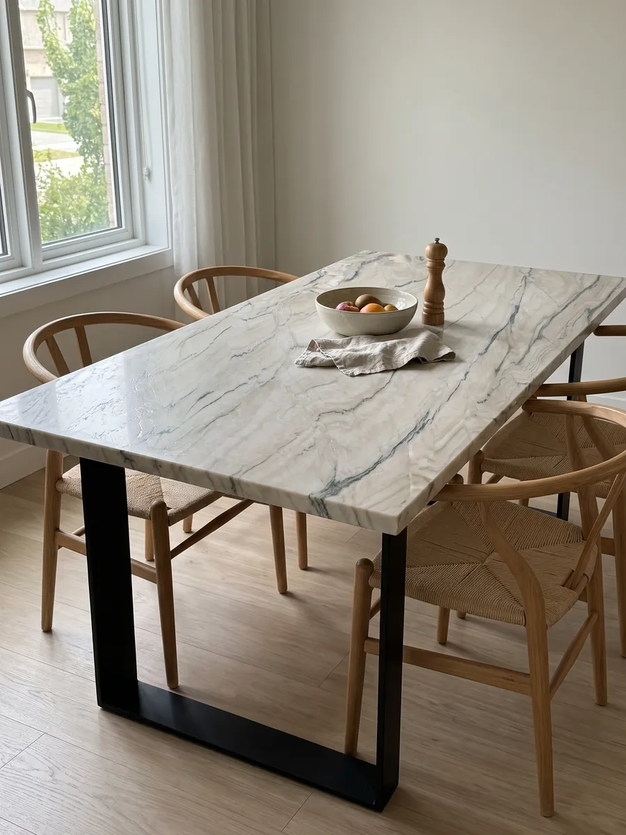Dining table with a white Macaubas Fantasy quartzite top on a steel base: creamy white with fine horizontal gray-green lines