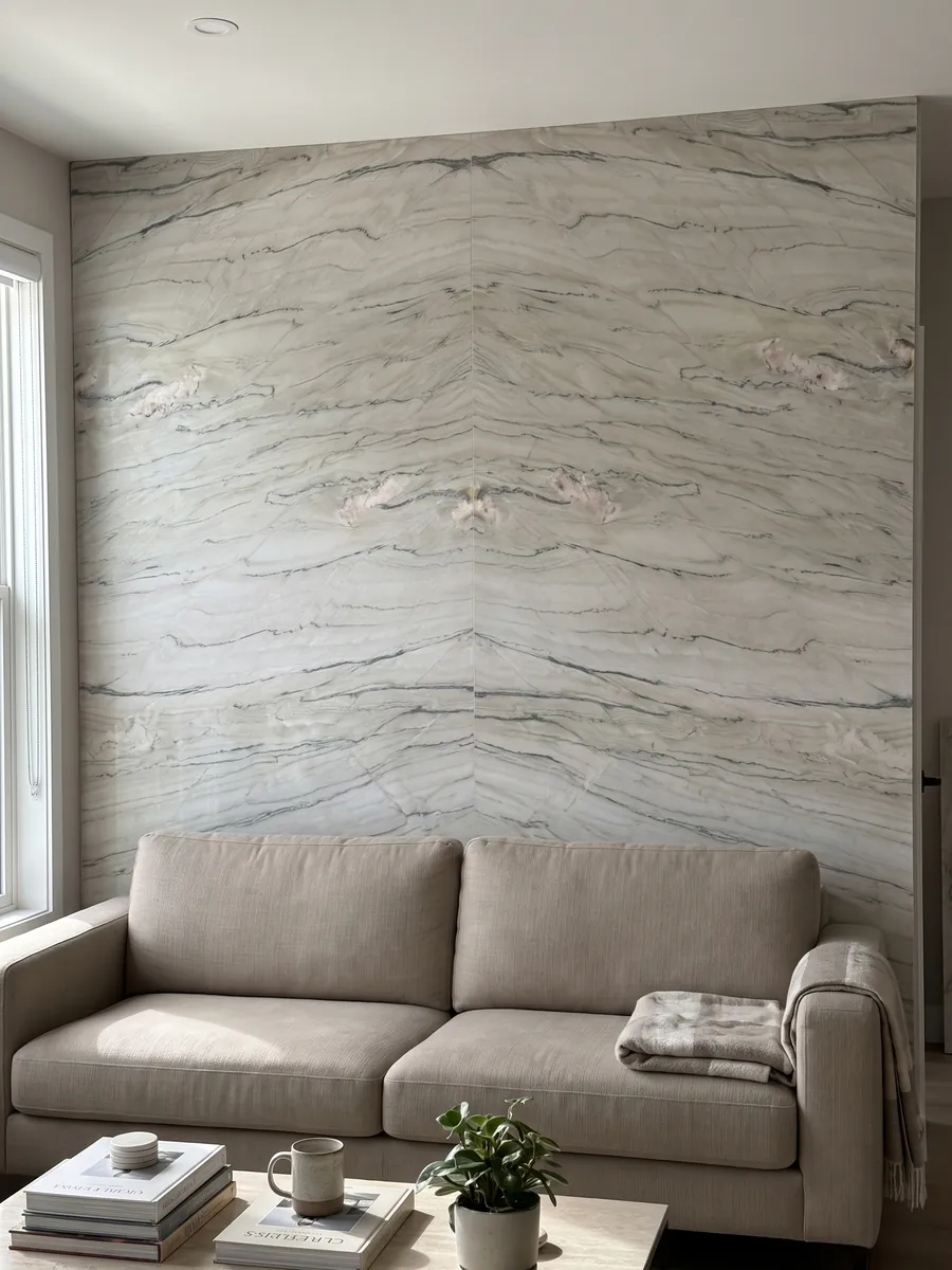 Living room wall clad with bookmatched slabs of white Macaubas Fantasy quartzite behind a sofa: creamy white with fine horizontal gray-green lines