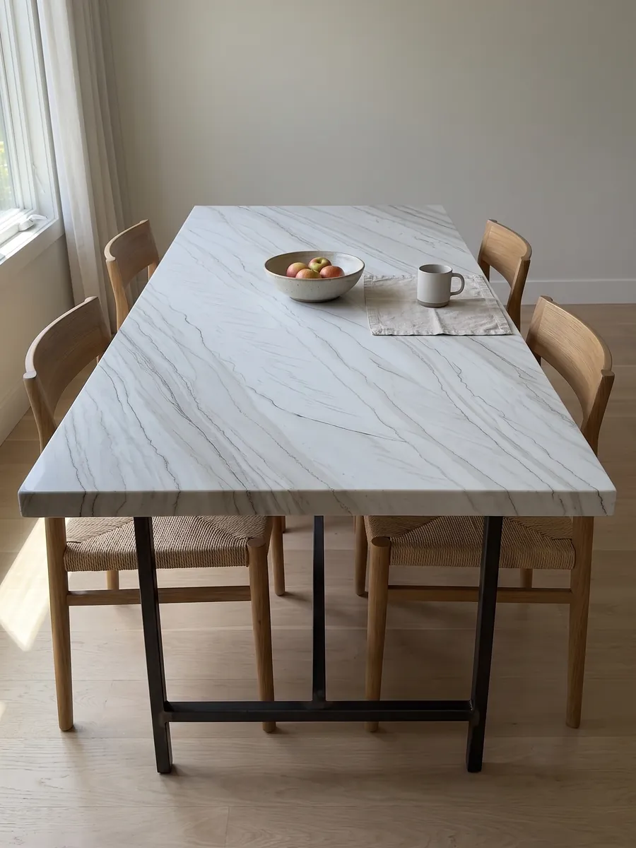 Dining table with a white Macaubas quartzite top on a steel base: bluish white with fine parallel dark lines