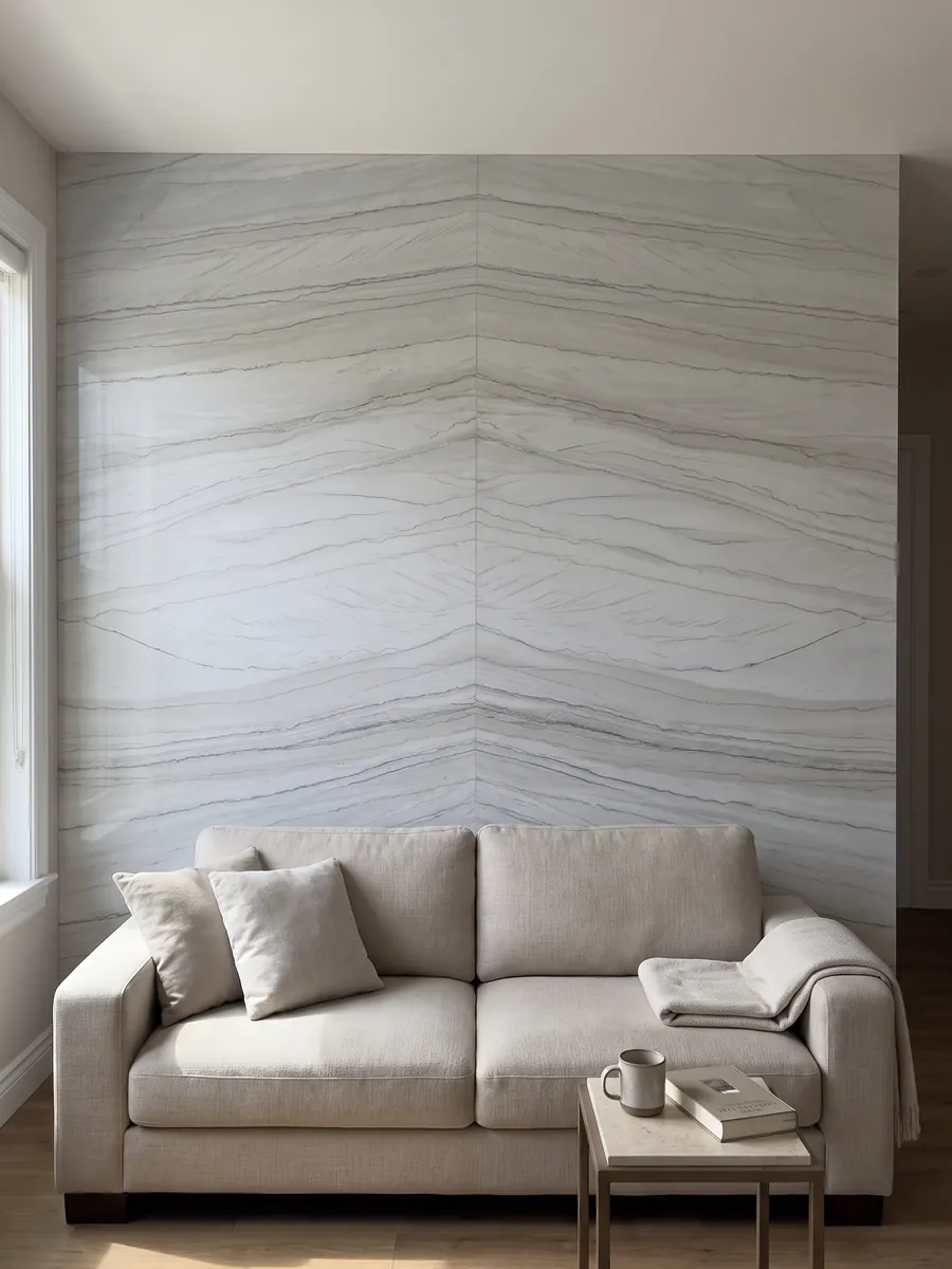 Living room wall clad with bookmatched slabs of white Macaubas quartzite behind a sofa: bluish white with fine parallel dark lines