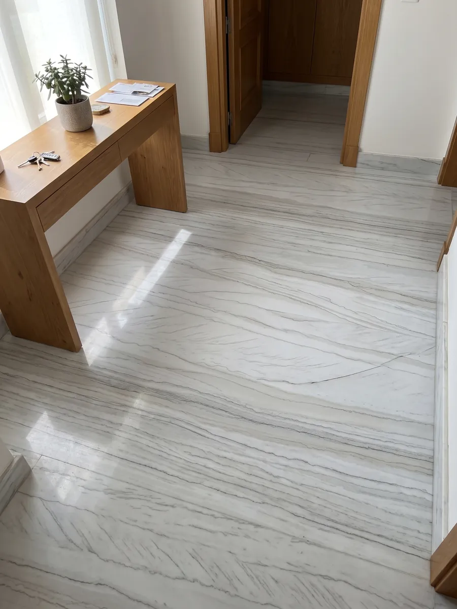 Entryway floor in large slabs of white Macaubas quartzite with natural light: bluish white with fine parallel dark lines