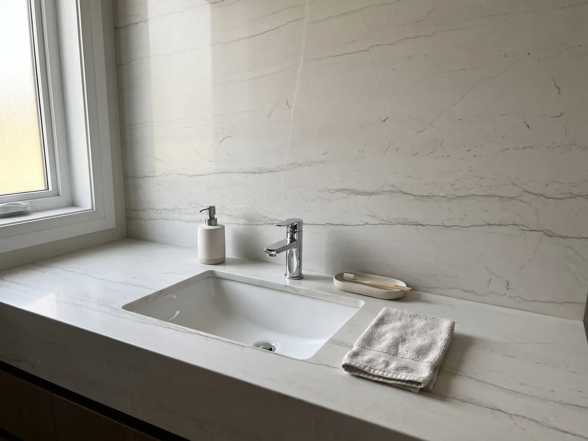 Vanity top and bathroom wall in Mont Blanc white quartzite with a white sink and chrome faucets: nearly clean white with two or three very fine gray lines