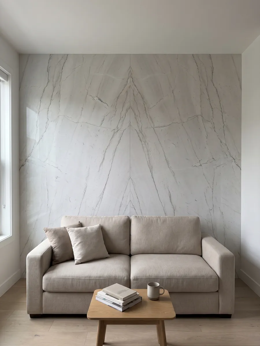 Living room wall clad with bookmatched Mont Blanc white quartzite slabs behind a sofa: nearly clean white with two or three very fine gray lines