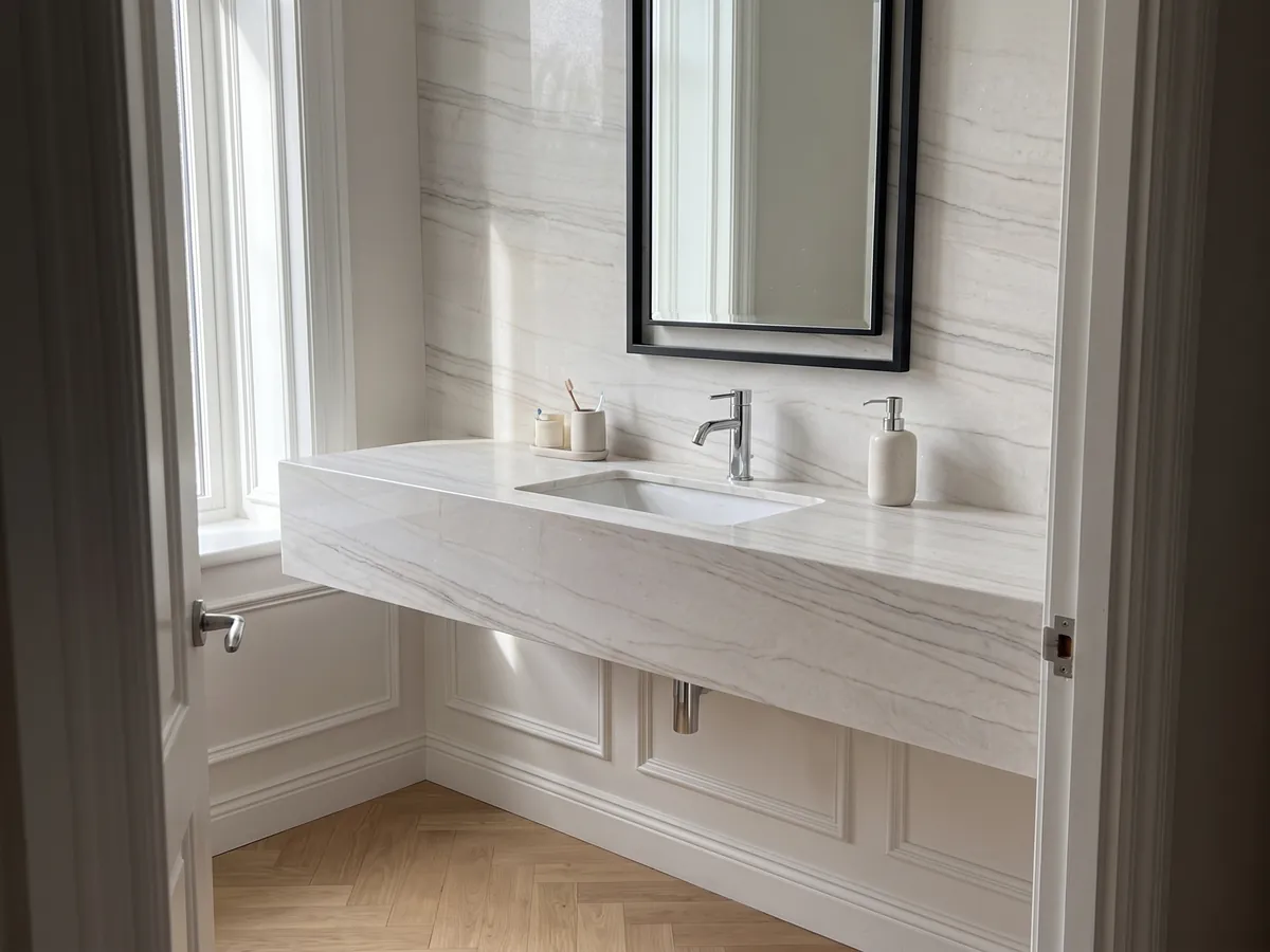 Vanity top and bathroom wall in white Perla Venata quartzite with a white sink and chrome faucets: pearl white to soft cream with fine gray veins and taupe in long waves