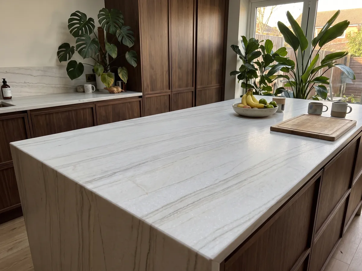 Kitchen island with a white Perla Venata quartzite countertop and a straight edge in a kitchen with natural light: pearl white to soft cream with fine gray veins and taupe in long waves