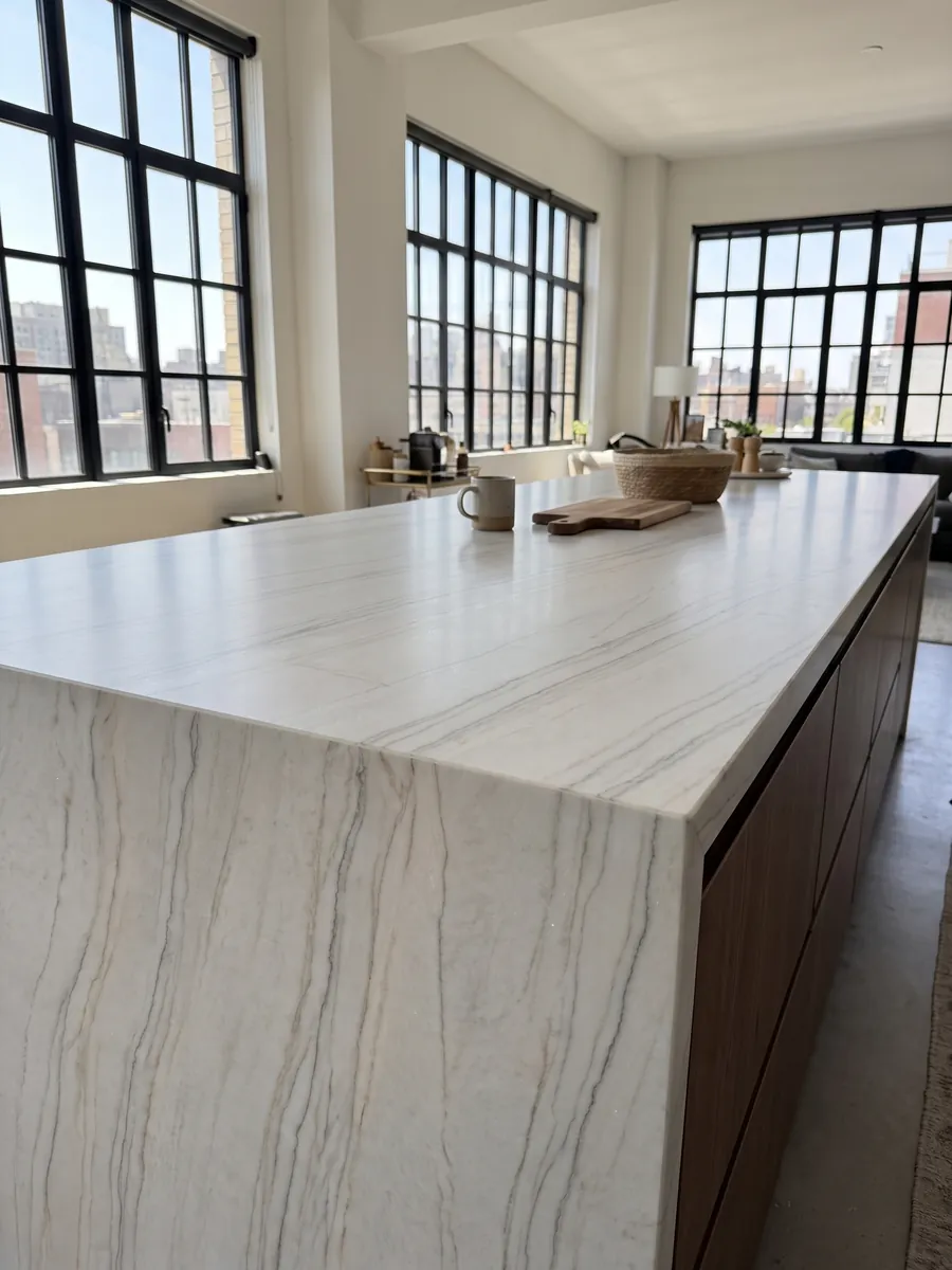Straight edge of a white Perla Venata quartzite kitchen countertop with the vein continuing over the edge: pearl white to soft cream with fine gray veins and taupe in long waves