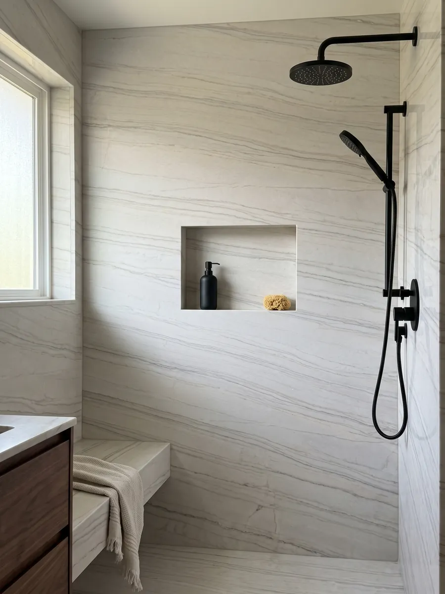 Shower clad in full white Perla Venata quartzite slabs with a recessed niche: pearl white to soft cream with fine gray veins and taupe in long waves