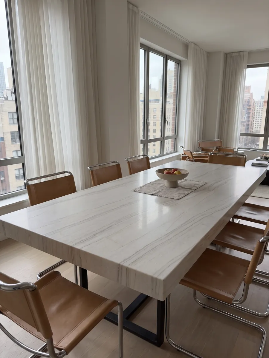Dining table with a white Perla Venata quartzite top on a steel base: pearl white to soft cream with fine gray veins and taupe in long waves