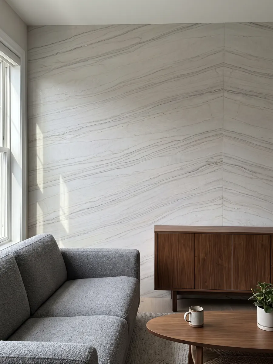 Living room wall clad with bookmatched white Perla Venata quartzite slabs behind a sofa: pearl white to soft cream with fine gray veins and taupe in long waves