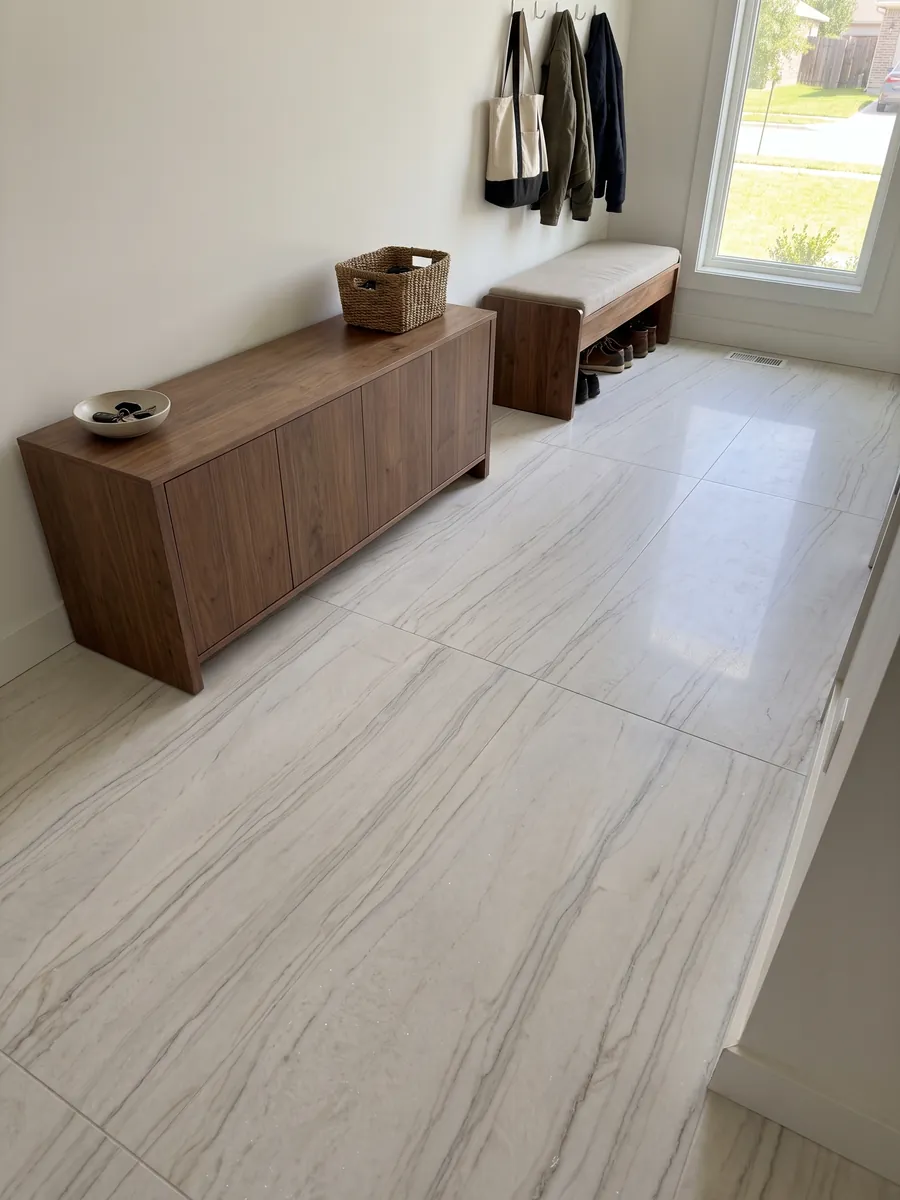Entryway floor in large white Perla Venata quartzite slabs with natural light: pearl white to soft cream with fine gray veins and taupe in long waves