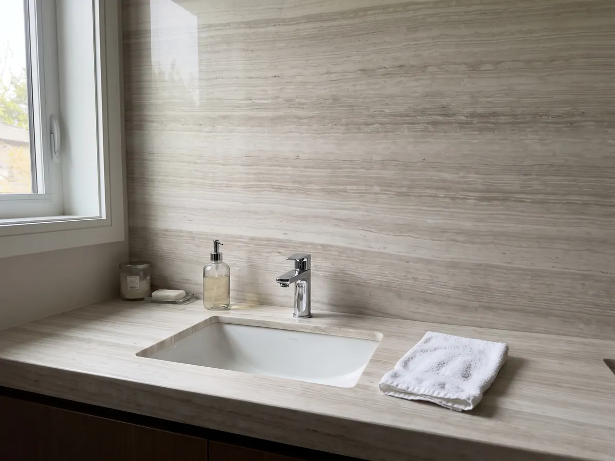 Vanity top and bathroom wall in white Silk Georgette quartzite with a white sink and chrome fixtures: warm white with fine horizontal wood-like striping