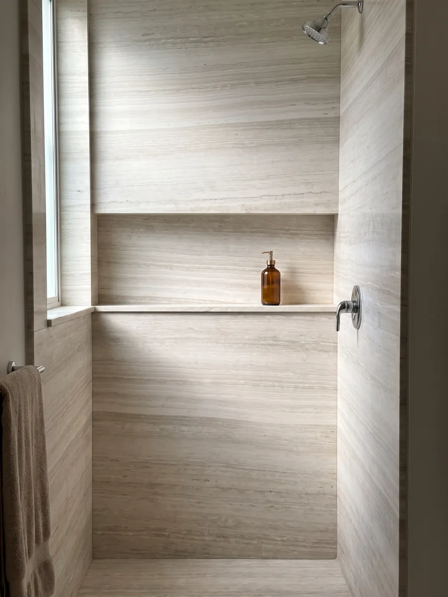 Shower clad in full white Silk Georgette quartzite slabs with a recessed niche: warm white with fine horizontal wood-like striping