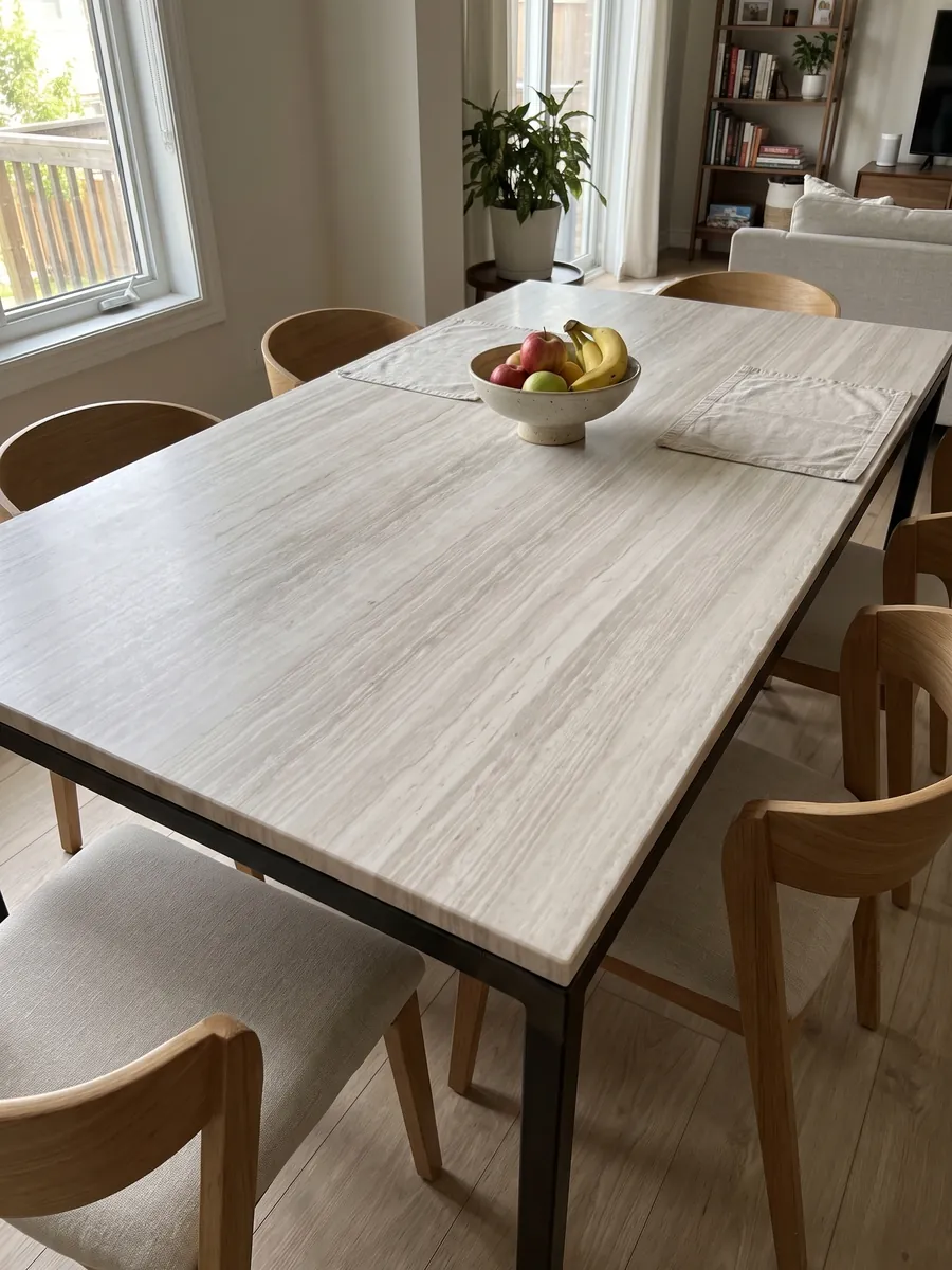 Dining table with a white Silk Georgette quartzite top on a steel base: warm white with fine horizontal wood-like striping