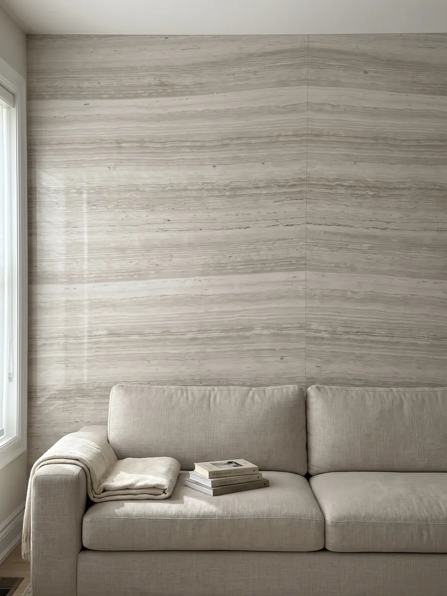Living room wall clad in bookmatched white Silk Georgette quartzite slabs behind a sofa: warm white with fine horizontal wood-like striping