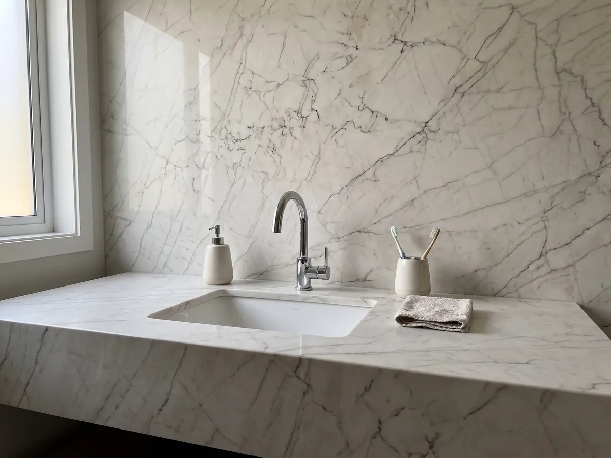 Vanity top and bathroom wall in white Tahiti quartzite with a white sink and chrome fittings: white with a network of fine gray and dark veins