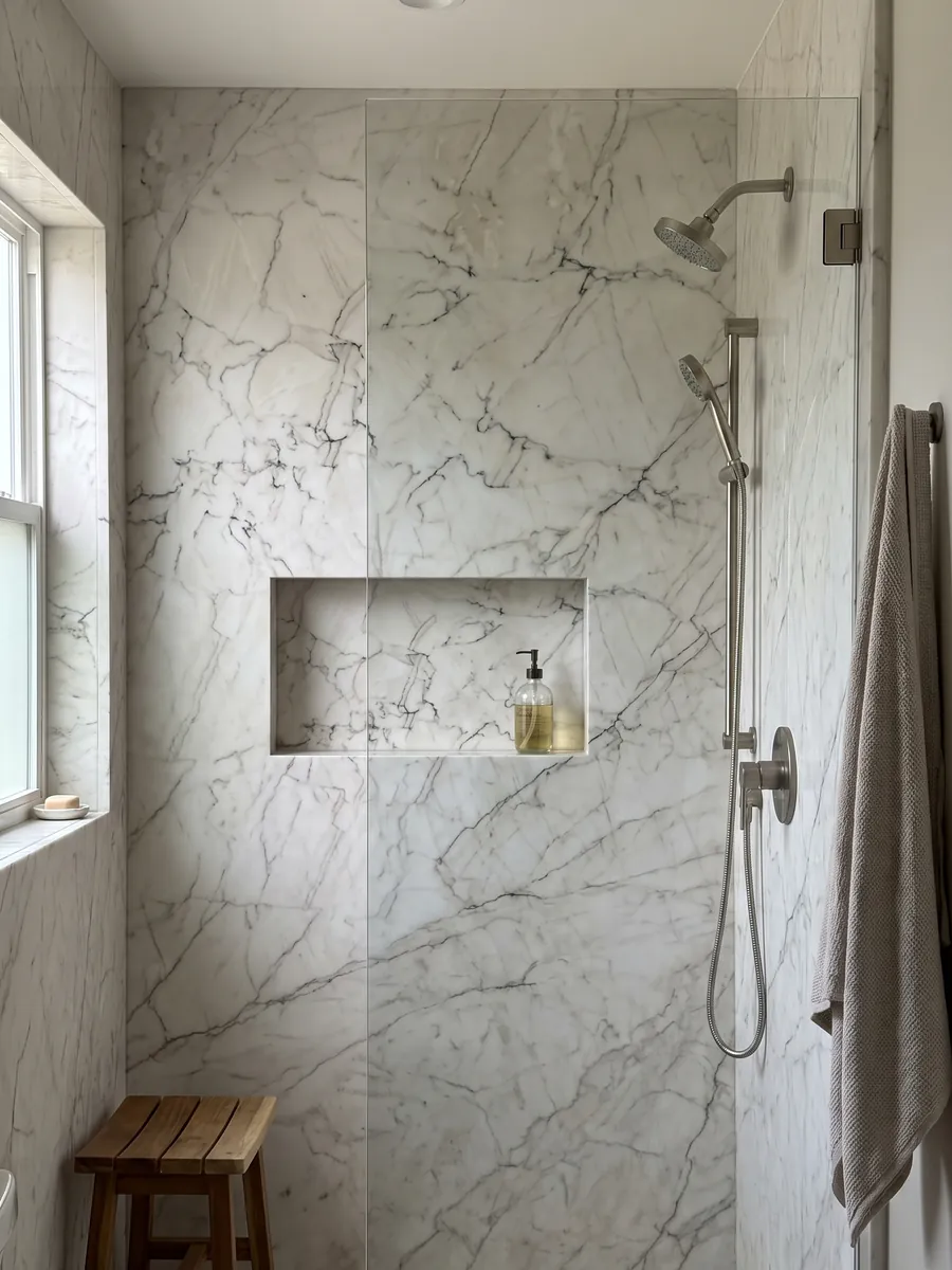 Shower clad in full slabs of white Tahiti quartzite with a recessed niche: white with a network of fine gray and dark veins