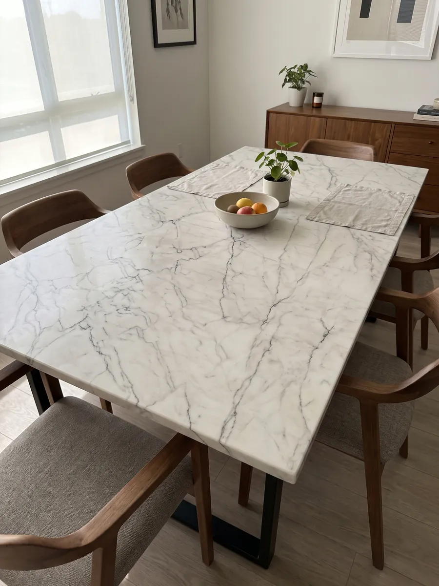 Dining table with a white Tahiti quartzite top on a steel base: white with a network of fine gray and dark veins