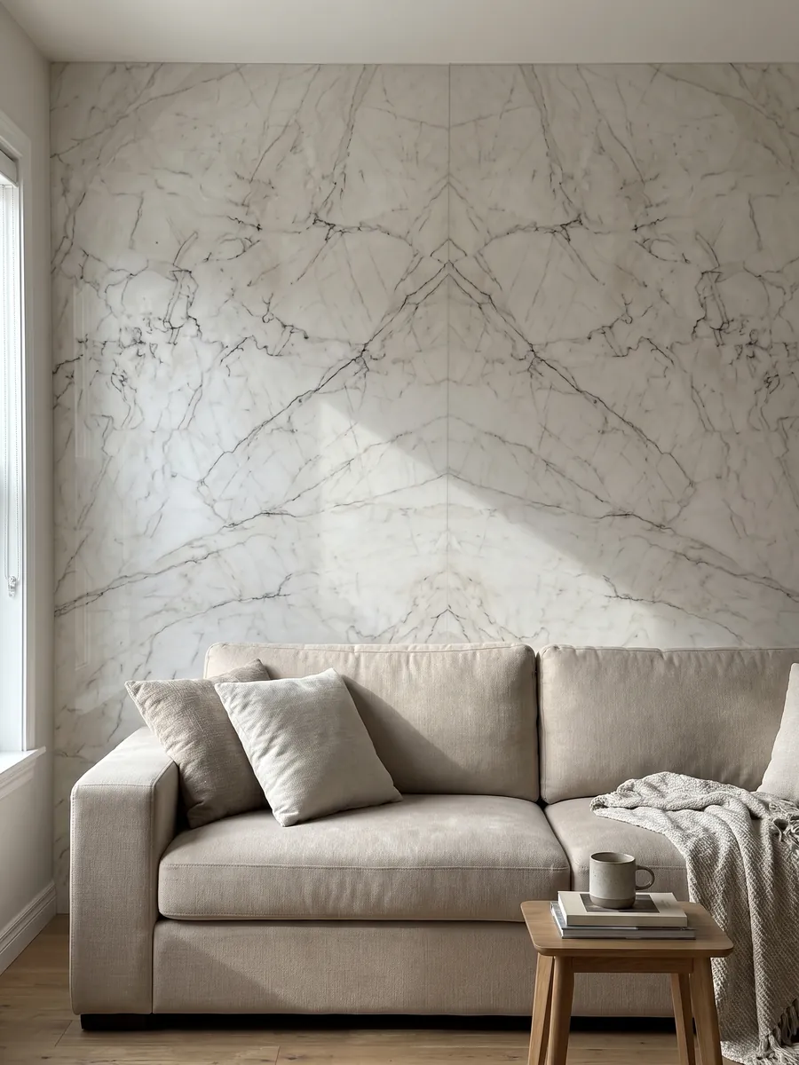 Living room wall clad in bookmatched slabs of white Tahiti quartzite behind a sofa: white with a network of fine gray and dark veins