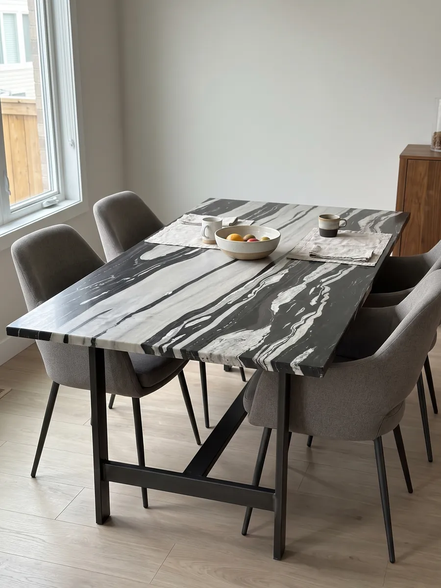 Dining table with a White Copacabana quartzite top on a steel base: alternating horizontal white and black bands of high contrast