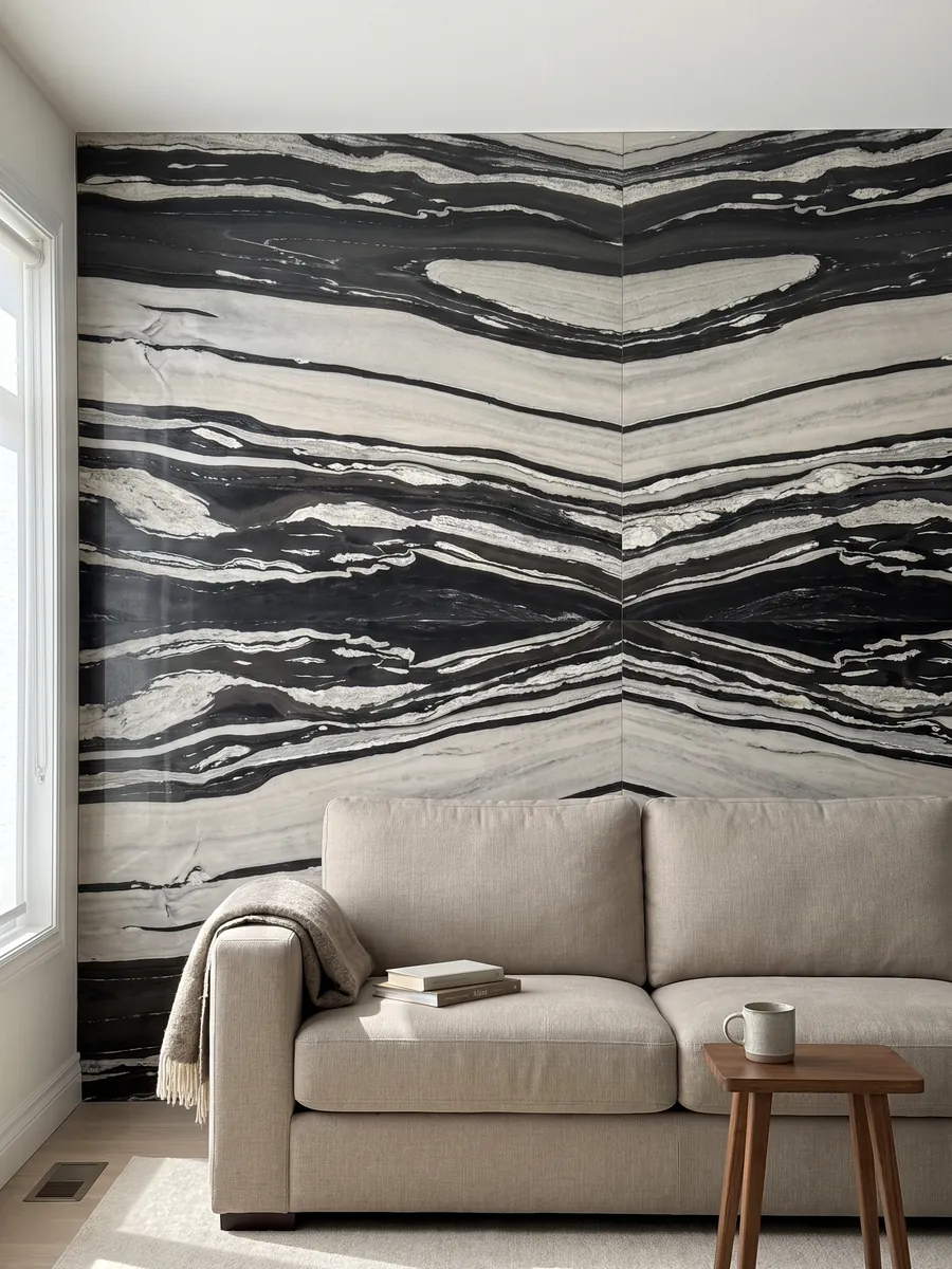Living room wall clad in bookmatched White Copacabana quartzite slabs behind a sofa: alternating horizontal white and black bands of high contrast