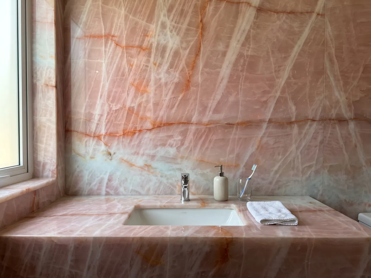 Bathroom vanity top and wall in Cristallo Rosa quartzite with a white sink and chrome fixtures: salmon pink with horizontal orange veins and a light bluish area below